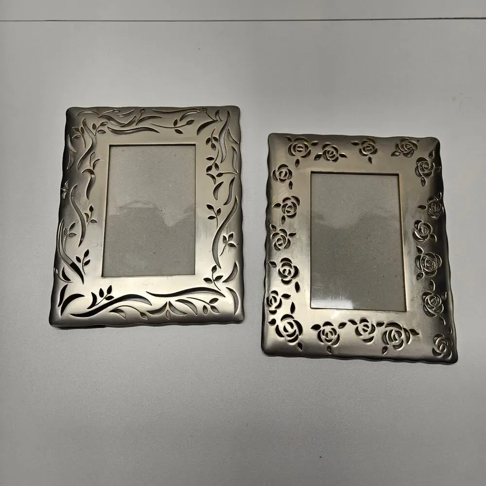Vtg 90s HB Group Silver-Tone Flower Ornate Metal Photo Frame 4x6 Set Of 2
